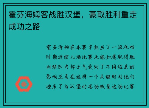 霍芬海姆客战胜汉堡，豪取胜利重走成功之路